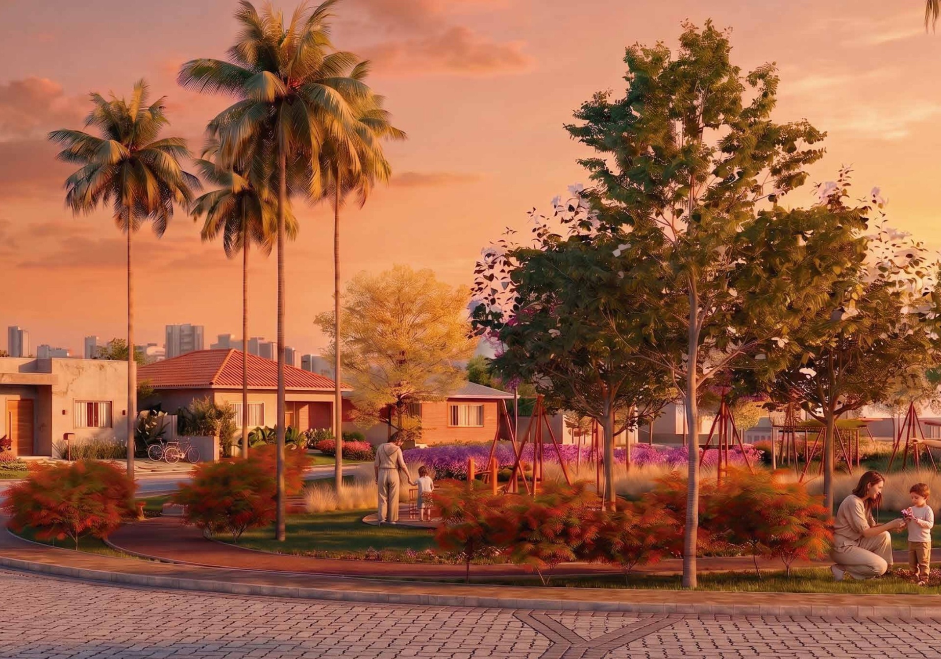 Praças e playground ao pôr do sol